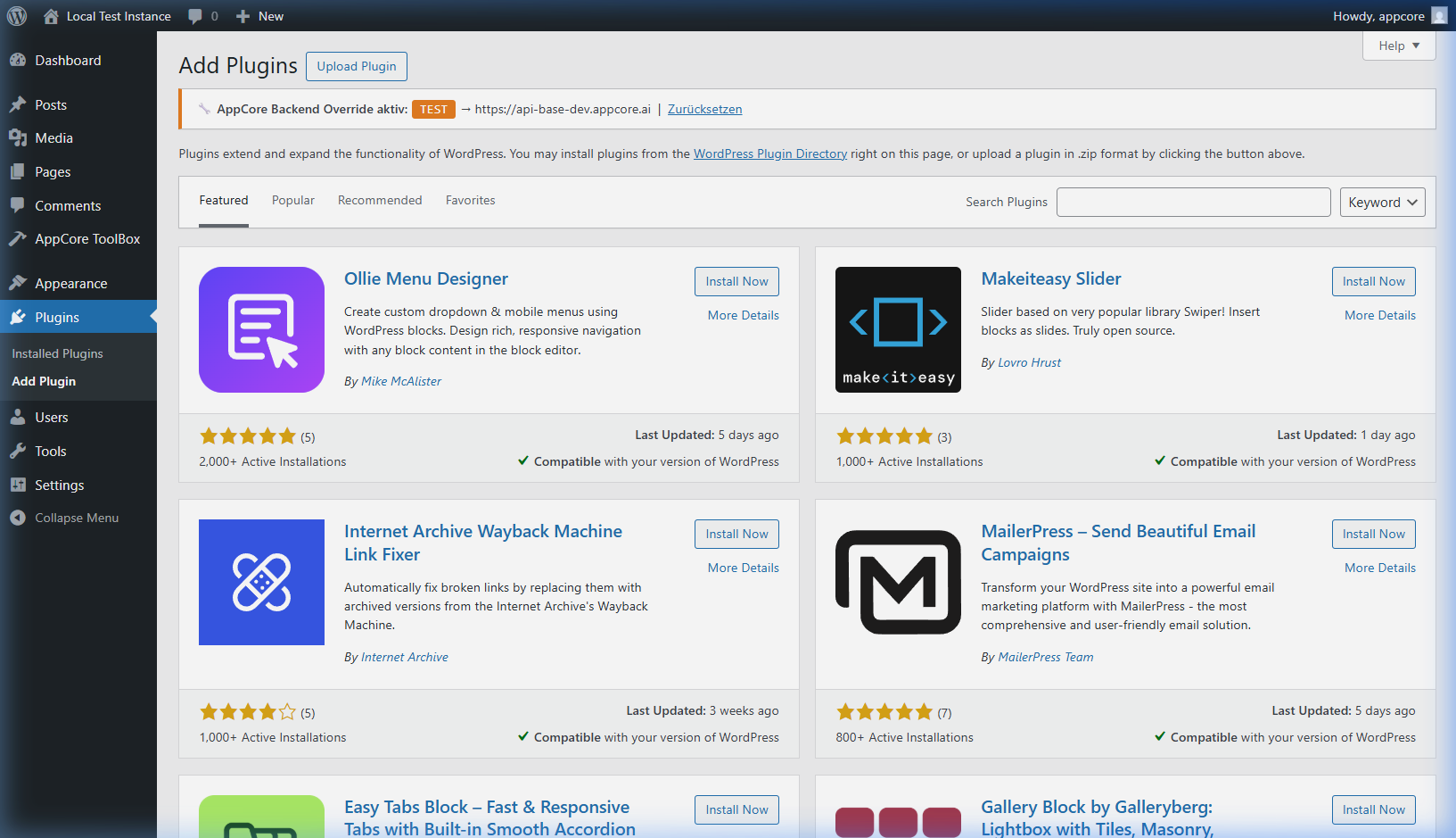 WordPress Plugins-Bereich