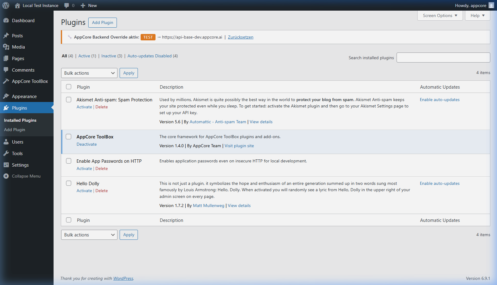 Installierte Plugins mit AppCore ToolBox