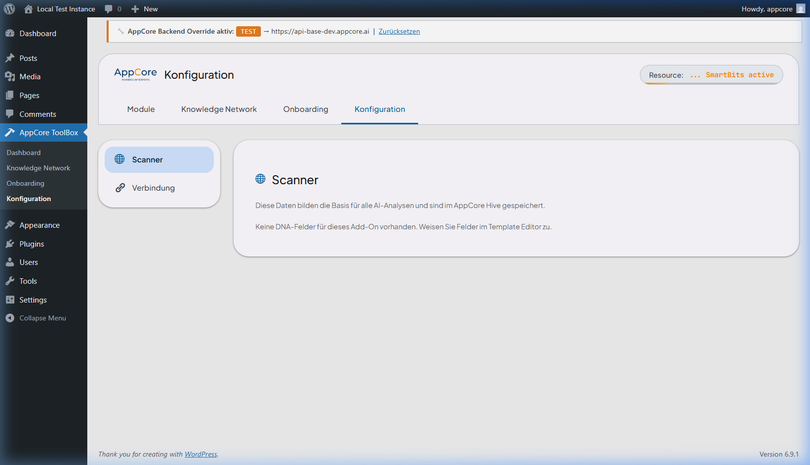 AppCore Konfiguration aufrufen