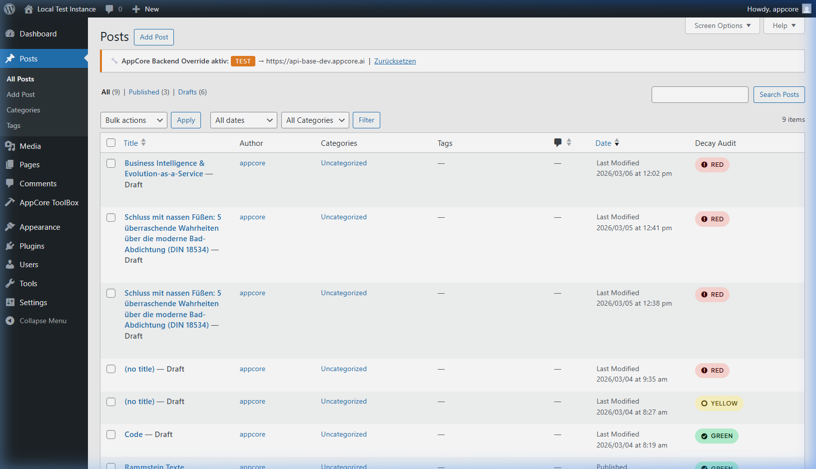 Beitragsübersicht mit Decay Audit Spalte